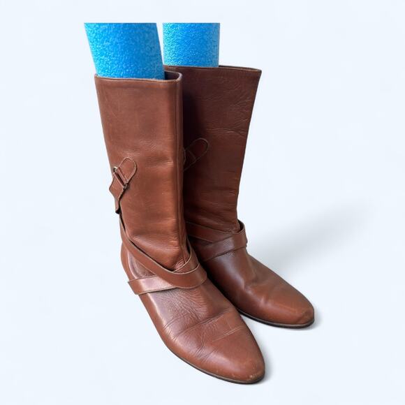Vintage 80s Vaneli Slouchy Belted Slouchy Boots Brown Leather Women's 7.5 Boho - Picture 11 of 13